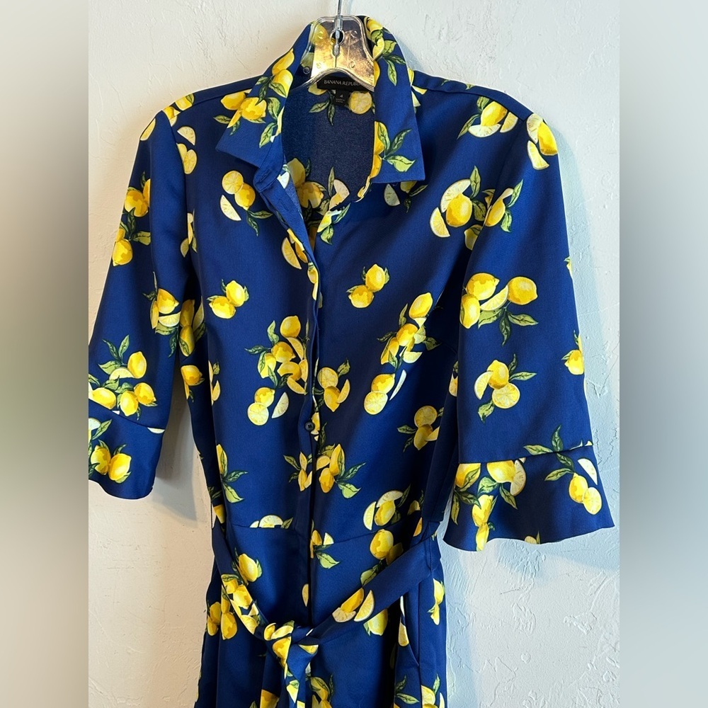 Banana Republic Navy Blue with Lemons Print Ruffle Shorts Tie Belt Romper Sz 4 - Picture 3 of 14